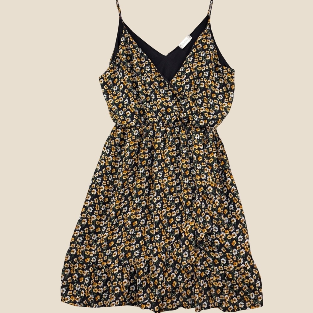 Ditsy Floral Size L Black Yellow Cottagecore Fit & Flare Feminine Mini Dress